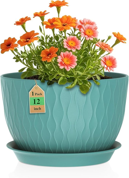 12 Inch Large Plant Pots for Indoor or Outdoor Plants, Wide Water Ripples Flower Pots with Drainage Holes & Saucer, Plastic Planters Set for Garden & Home Decor (Blue Green)-VerdiqueGarden