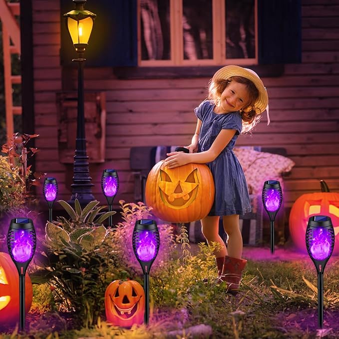 8Pack Halloween Decorations Outdoor, Halloween Solar Lights with Purple Flame for Halloween Decor, Waterproof Halloween Lights Outdoor, Solar Pathway Lights for Lawn Outside Halloween Yard Decorations-VerdiqueGarden