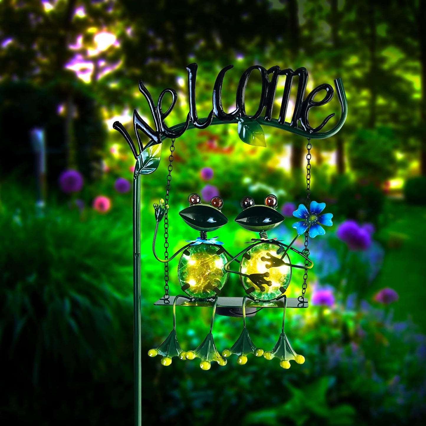 HONGLAND Outdoor Garden Solar Lights,Frog Swing Garden Decor,Frog Decorative Stake with Welcome Sign for Landscape Patio Yard (48 inch)-VerdiqueGarden