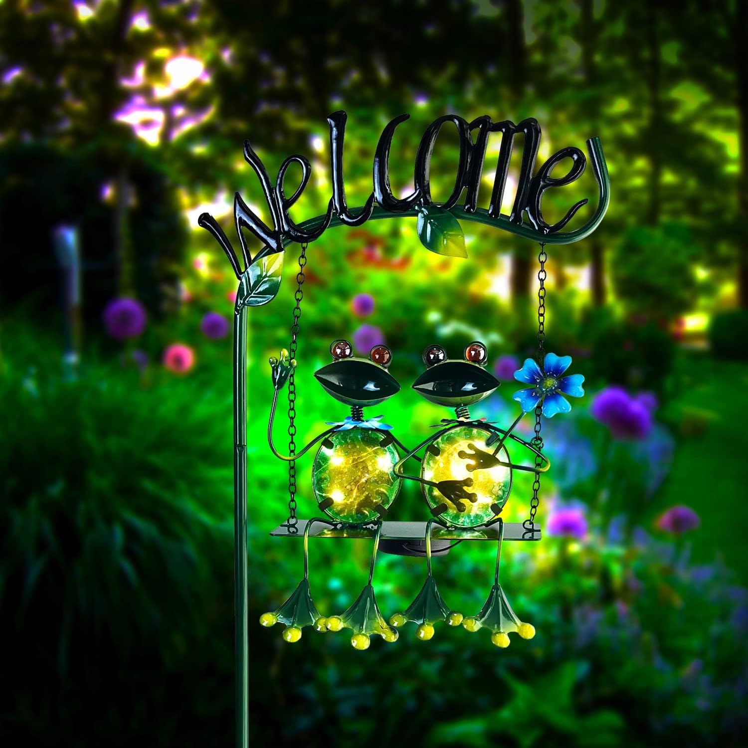 HONGLAND Outdoor Garden Solar Lights,Frog Swing Garden Decor,Frog Decorative Stake with Welcome Sign for Landscape Patio Yard (48 inch)-VerdiqueGarden