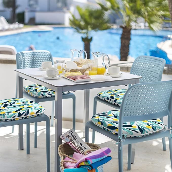 Indoor/Outdoor Chair Cushions 16x17 Inch, Patio Chair Cushions with Ties, All Weather Seat Cushions for Patio Furniture Home Garden Chair Use, Set of 4, Leaves Multi-VerdiqueGarden