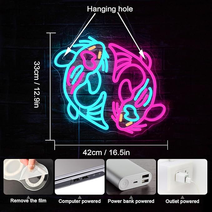 WLHOPE Koi Fish Neon Sign for Wall Decor Koi Carp Neon Light Fish Neon Signs Dimmable Neon Lights Blue Pink Fish LED Light Up Sign for Bedroom Bar Restaurant Office Fishroom Koi Pond-VerdiqueGarden