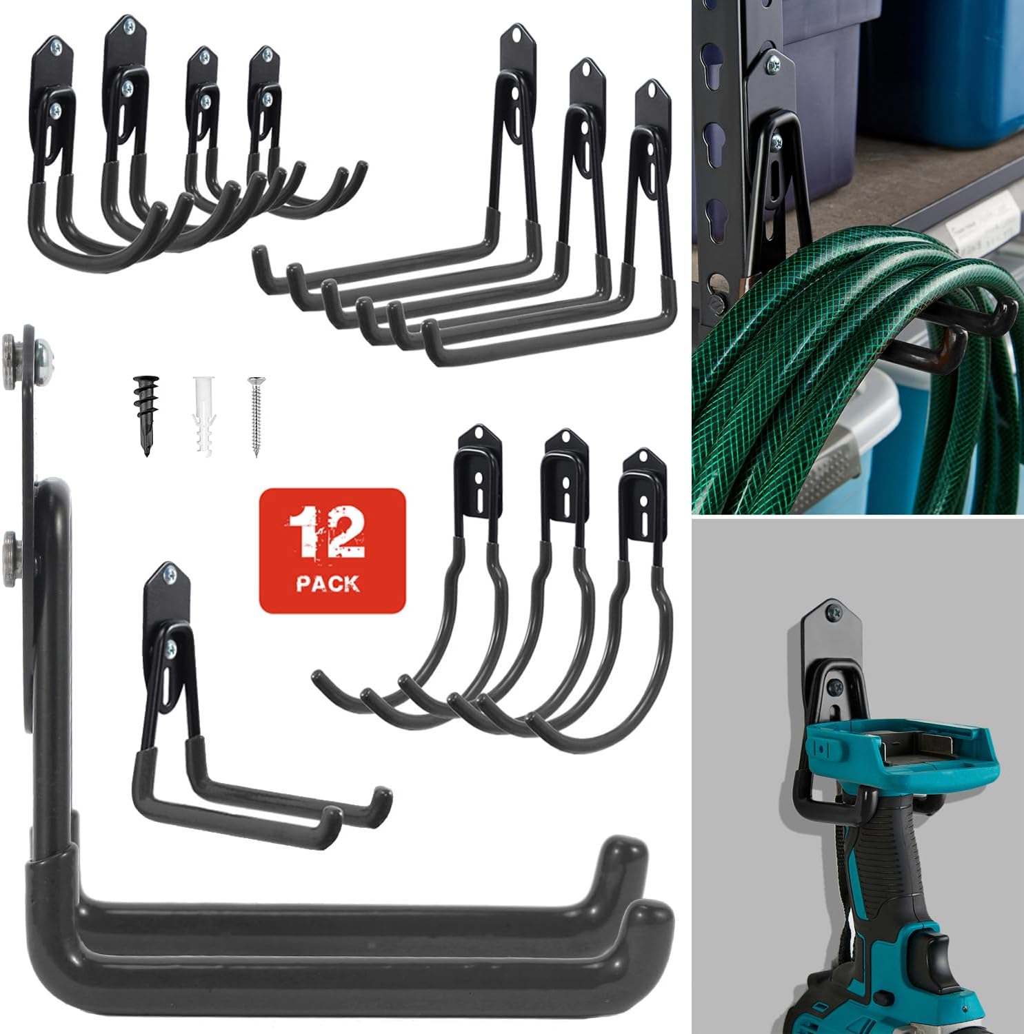 Wallmaster Garage Hooks Organizer Kit,12 Pack Adjustable Heavy Duty Shelving Hook,Wall Mount Utility Steel Garage Organization (Black)-VerdiqueGarden