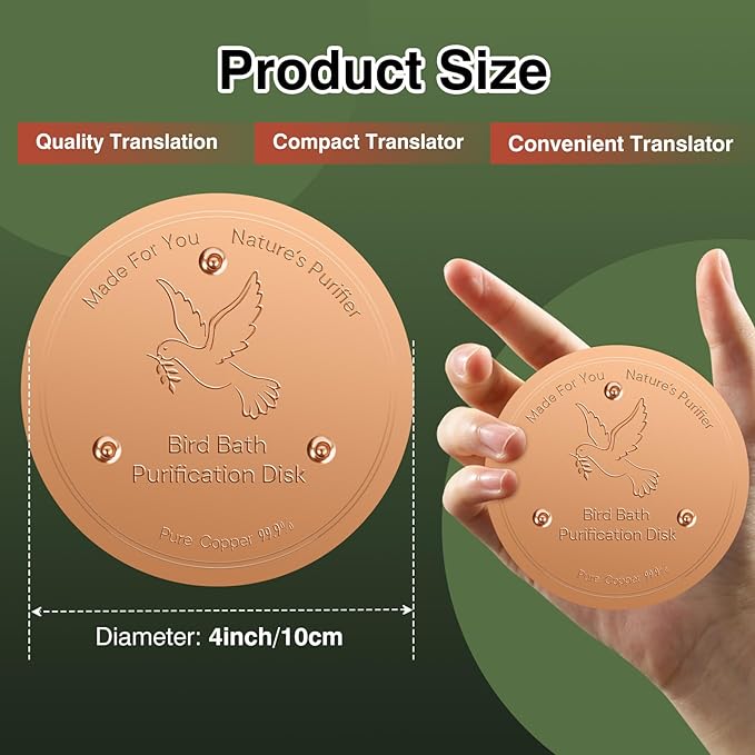 Bird Bath Copper Plate Disk 99.99% Pure Copper Cleaning Disk Stable Triple-Point Support Outdoor Bird Bowl, Pure Copper Bird Bath Purification Tray, Suitable for All Seasons-VerdiqueGarden