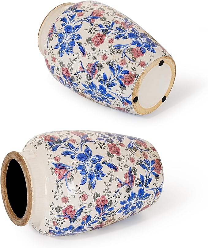 Sungmor Ceramic Flower Vase, Vintage Ice Cracked Glaze Porcelain Vase, Pretty Home Decor Vase for Flower Arrangement, Fresh Flowers, 10.2 Inch Tall Chinoiserie Pottery Vase, Blue Floral Pattern-VerdiqueGarden