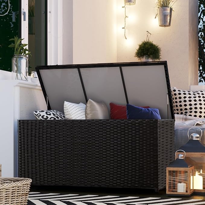 Outdoor 70 Gallon Wicker Storage Box with Waterproof Liner, Patio PE Rattan Storage Container for Outside, Deck Box with Hinged Lid for Cushions, Pillows, Towels, Horizontal Bin, Black-VerdiqueGarden
