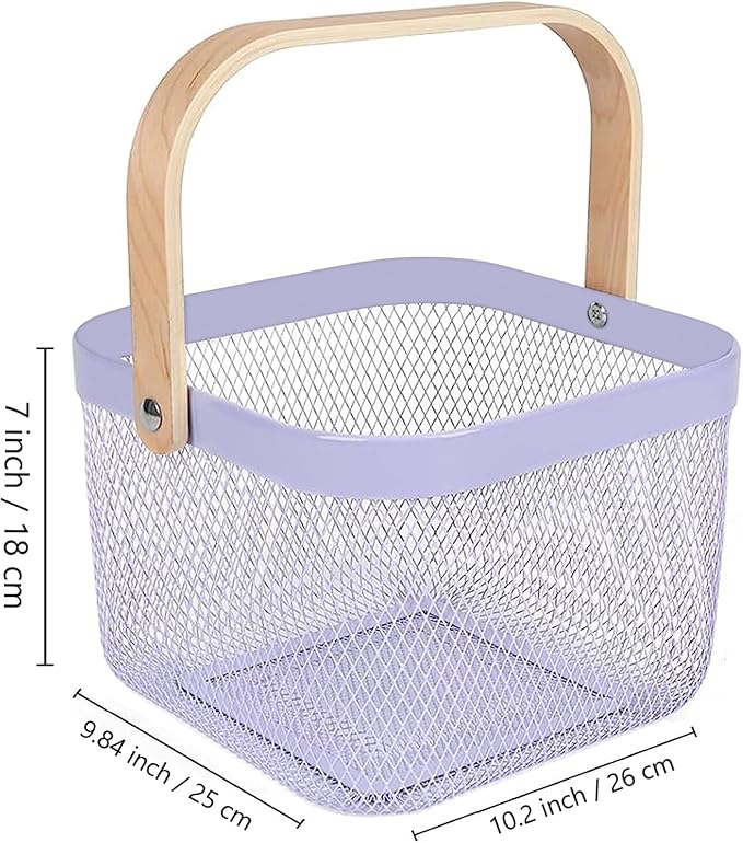 Metal Mesh Steel Basket, Storage Organizer Basket Multi-functional Hanging Kitchen Baskets Fruit Basket Bin with Bamboo Handle for Kitchen Bathroom Picnic Shopping Decor Cabinet Home, Purple-VerdiqueGarden