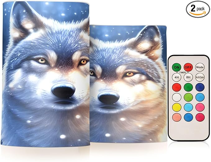 Flickering Flameless Candles, Wolf Snowy LED Candles with Remote Timer, Set of 2 Battery Operated Candle for Valentine Wedding Birthday-VerdiqueGarden
