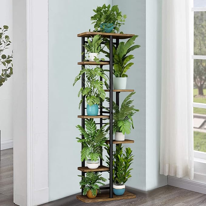 LINZINAR Plant Stand 7 Tier 8 Potted Multiple Flower Pot Holder Shelf Indoor Outdoor Planter Rack Storage Organizer for Patio Garden Corner Balcony Living Room (7 Tier-8 Potted, Black)-VerdiqueGarden