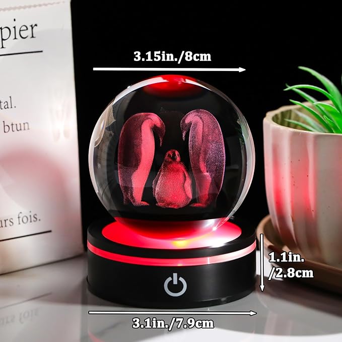 YWHL 3D Crystal Ball Penguin Figurine with LED Base Laser Penguins Gifts for Women Men on Christmas Birthday Decorative Penguin Statue Ball Glass Animals Globe Night Light for Home Decor (80mm)-VerdiqueGarden