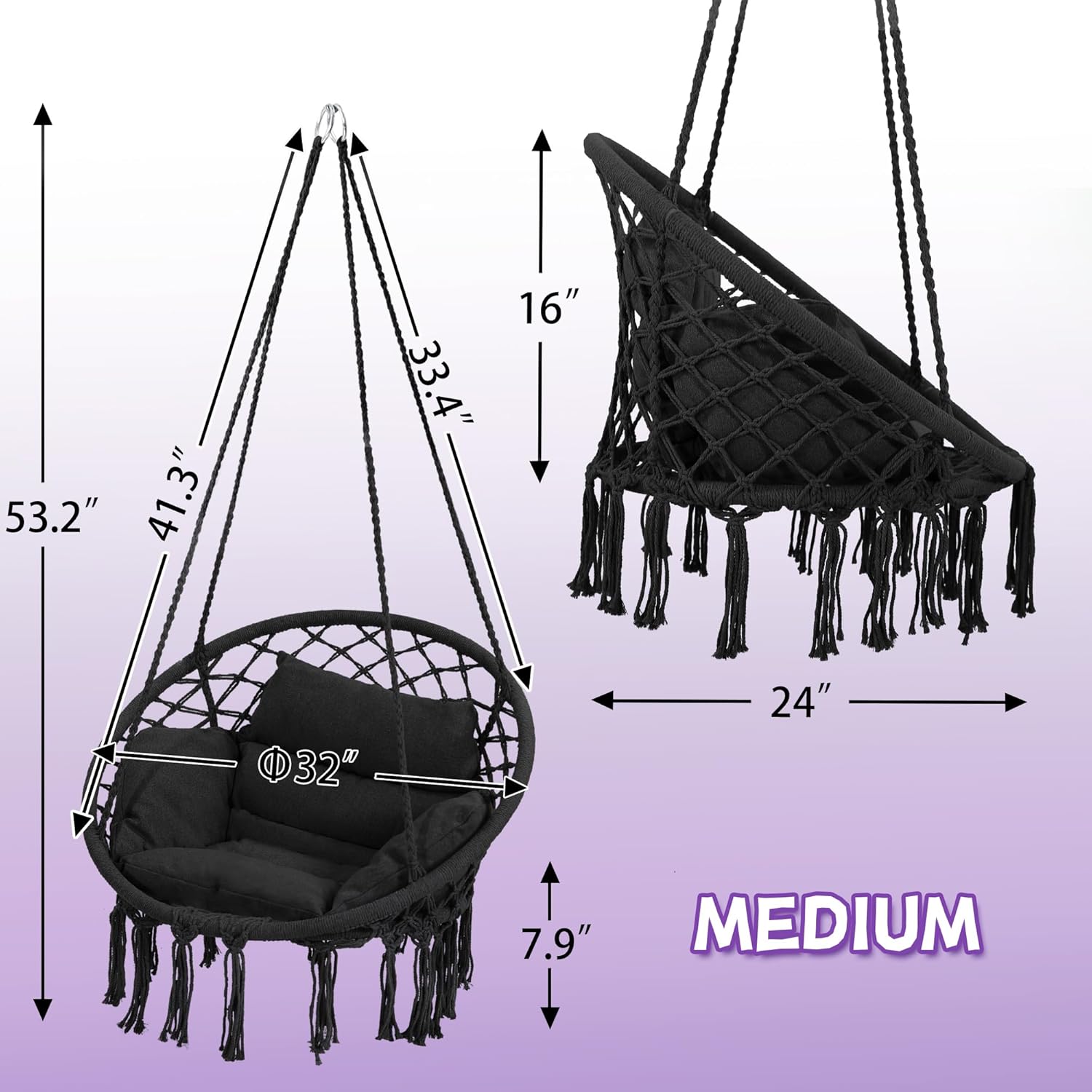 Macrame Hammock Hanging Swinging Chair with Medium Cushion, Perfect for Bedroom, Porch, Adults, Balcony, Black-VerdiqueGarden