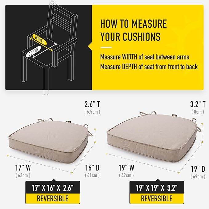 SUNROX Gel Memory Foam Chair Cushions, FadeShield Water-, Stain-Resistant Durable Reversible Seat Cushion Pads with Ties for Indoor/Outdoor Kitchen Dining Office, 19"x19", Set of 2, Husk Birch-VerdiqueGarden