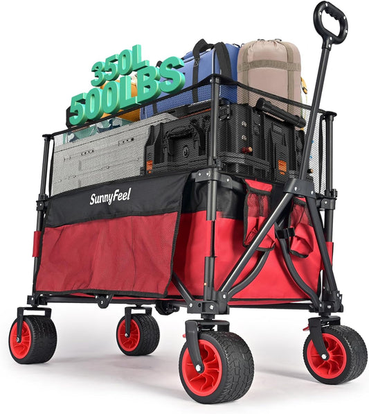 SUNNYFEEL Heavy Duty Collapsible Outdoor Utility Wagon Cart 500LB Capacity Adjustable Handlebar,Foldable Beach Wheels Stable Durable Oxford Fabric for Shopping Garden Camping (Red, Tall Version)-VerdiqueGarden