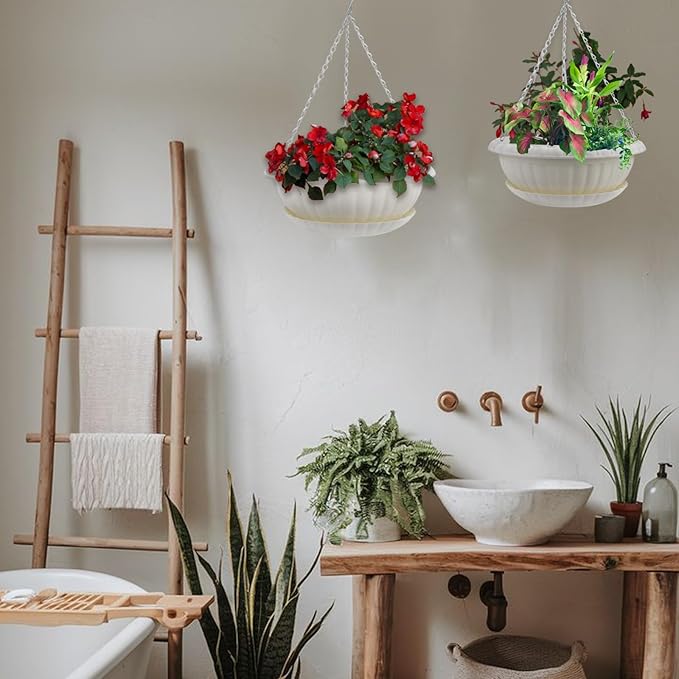 10.63in Hanging Planter Pots for Outdoor and Indoor Plants Flowers with Drainage Hole Tray Hooks Plastic Plant Baskets for Garden Home Porch (White, Pack of 6)-VerdiqueGarden