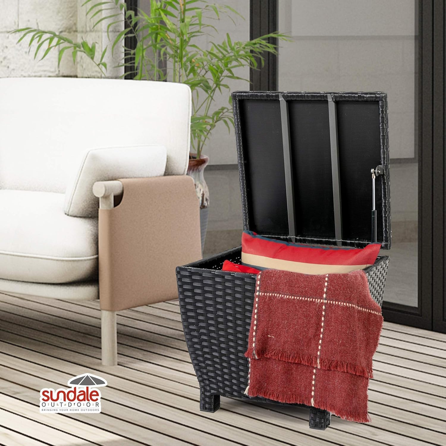 Sundale Outdoor Small Deck Storage Box with Lid, 13 Gallon Small Outdoor Bin Storage Container for Hose Cushions Towels, Patio Black Side Wicker Table with Storage-Steel, Rattan, Square-VerdiqueGarden