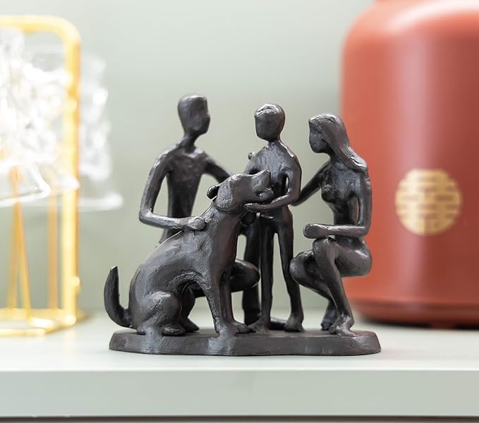 Family and Dog Statues, Cast Iron Family of 3 Figurine, Gift for Dog Lovers,Dog Memorial Gift, Black-VerdiqueGarden