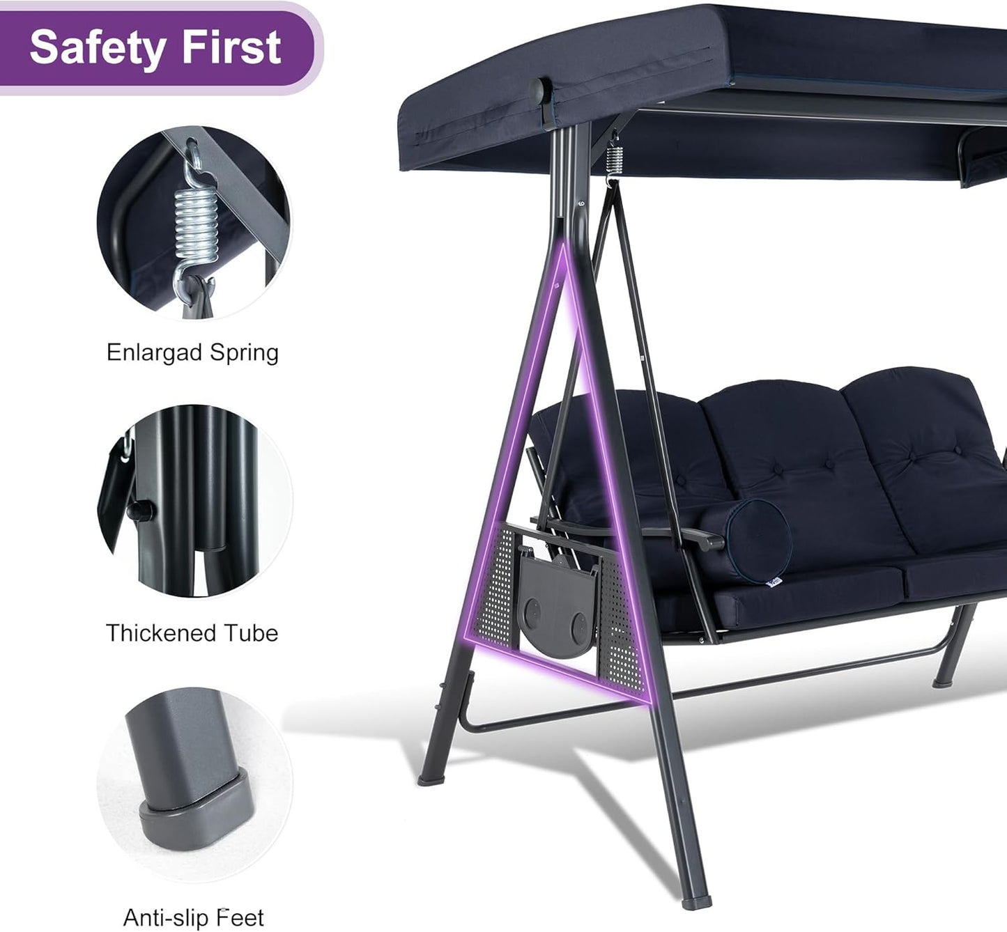 PURPLE LEAF Outdoor Patio Porch Swing with Stand, 2-seat Swing Chair with Adjustable Tilt Canopy All-Weather Steel Frame for Backyard Front Porch Lawn, Cushions and Pillow Included, Navy Blue-VerdiqueGarden