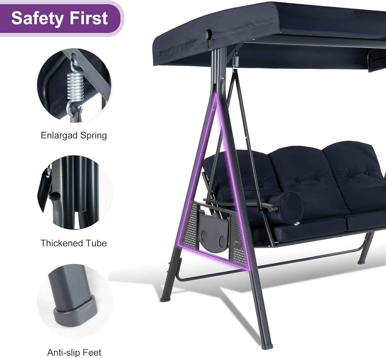 PURPLE LEAF Outdoor Patio Porch Swing with Stand, 2-seat Swing Chair with Adjustable Tilt Canopy All-Weather Steel Frame for Backyard Front Porch Lawn, Cushions and Pillow Included, Navy Blue-VerdiqueGarden