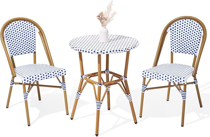 3 Piece French Wicker Bistro Set, Patio Bistro Set with Table and 2 Dining Chairs, All Weather ‎Outdoor ‎Bistro Set with Aluminum Frame, Outdoor Patio Set for Patio Porch Cafes Yard, Navy and White-VerdiqueGarden