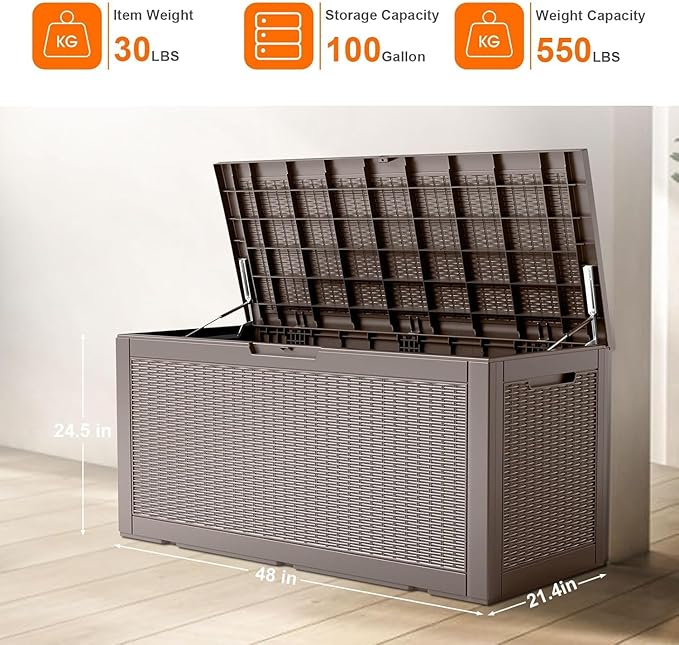 100 Gallon Outdoor Storage Box – Waterproof Deck Box for Garden & Patio,Light Brown-VerdiqueGarden