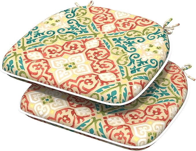 Indoor/Outdoor Chair Cushions 16x17 Inch, Patio Chair Cushions with Ties, All Weather Seat Cushions for Patio Furniture Home Garden Chair Use, Set of 2,Geometric Orange-VerdiqueGarden