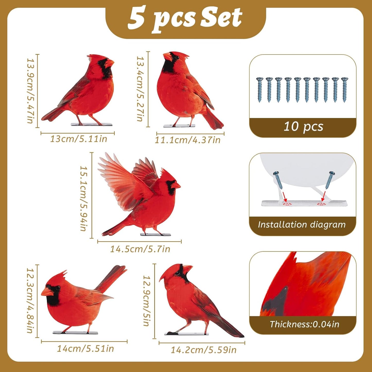 HUYIENO 5PCS Vivid Metal Birds Fence Decor Color Painted Outdoor Garden Natural Bird 2D Sculptures for Outdoor Fences, Patio, Garden and Bird Lovers (Cardinal)-VerdiqueGarden