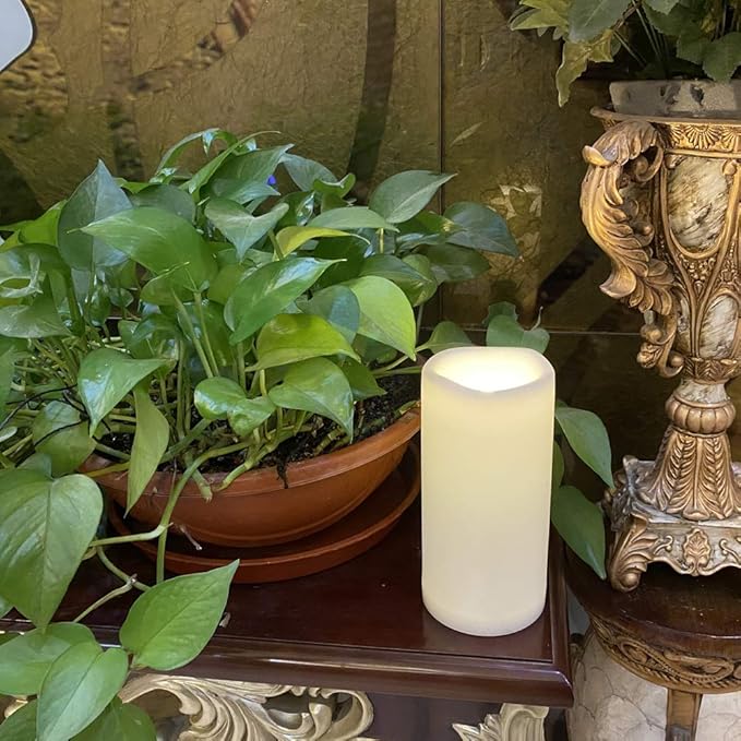 CANDLE CHOICE Outdoor Waterproof Battery Operated Flameless Candle Remote Timer Large Tall White Plastic Bright Flickering Electric LED Pillar for Lantern Patio Wedding Party Decorations 4”(D) x8”(H)-VerdiqueGarden
