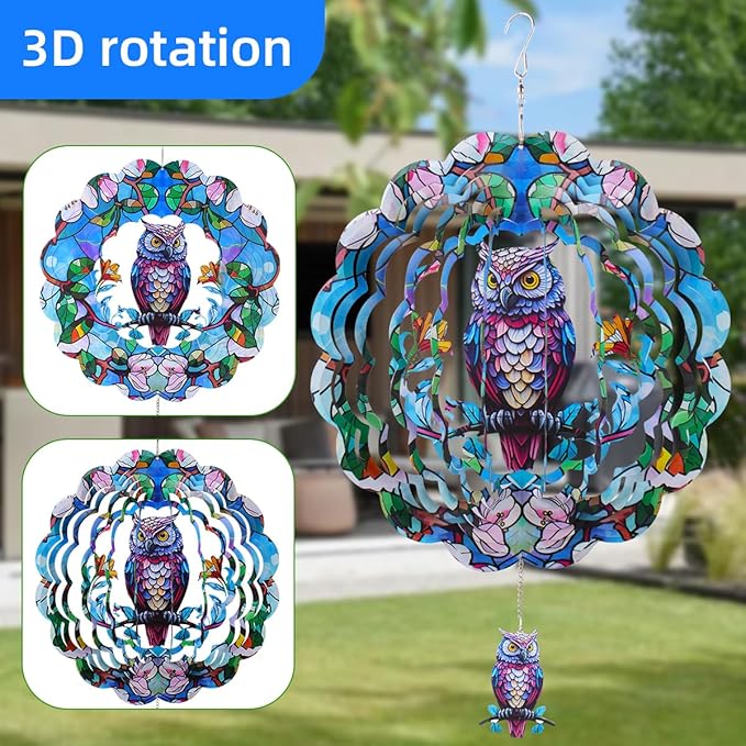Wind Spinners Outdoor, FACIACC Owl Metal 3D Hanging Garden Decor, 12-inch Stainless Steel Wind Spinner with Tail Spinner, Wind Sculptures for Indoor Patio Lawn Yard, Ornament Gift for Women/Men-VerdiqueGarden