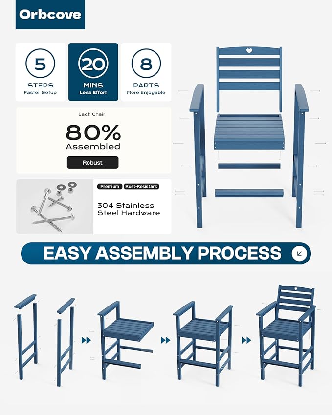 Tall Adirondack Chairs Set of 4, HDPE Wood Balcony Adirondack Chairs Set with Heart Cutout Design, Weather-Resistant Bar Height Furniture for Deck, Porch, Pool (Navy Blue)-VerdiqueGarden