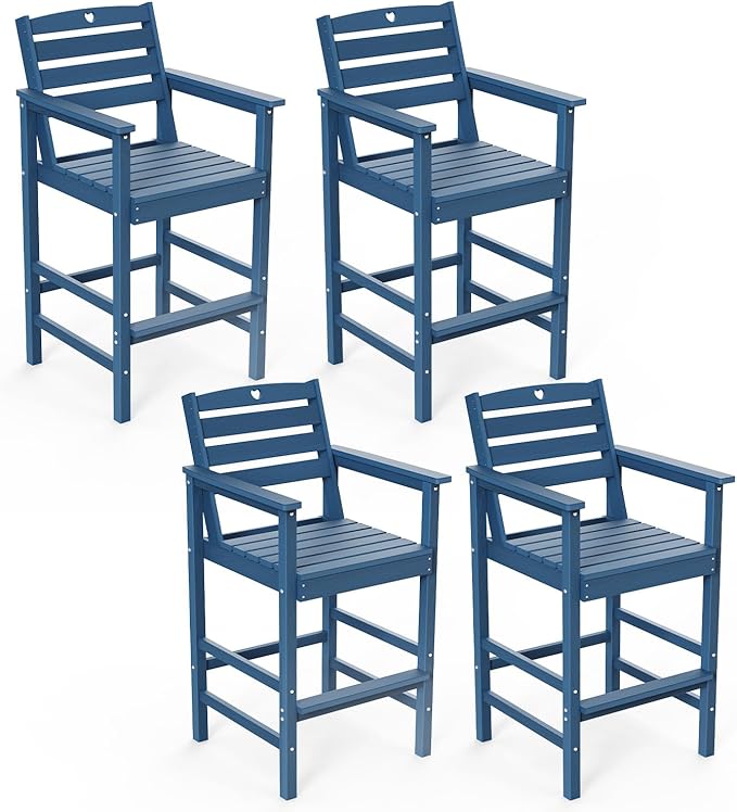 Tall Adirondack Chairs Set of 4, HDPE Wood Balcony Adirondack Chairs Set with Heart Cutout Design, Weather-Resistant Bar Height Furniture for Deck, Porch, Pool (Navy Blue)-VerdiqueGarden