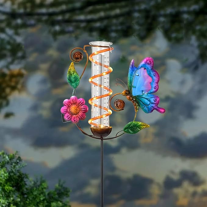LEWIS&WAYNE 36.3” Butterfly Rain Gauge Outdoor, 7” Glass Tube Solar Powered 10 Warm White LEDs Garden Metal Stakes Decorative Waterproof for Yard Garden Patio Lawn-VerdiqueGarden