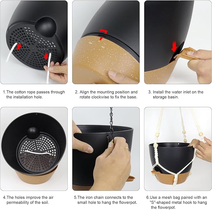 Self Watering Hanging Planters 10 inch, 2 Pack Hanging Flower Pots for Indoor Outdoor Plants, Hanging Baskets with Drainage Holes & 2 Kinds of Plant Hangers for Garden Home Decor, Black Brown-VerdiqueGarden