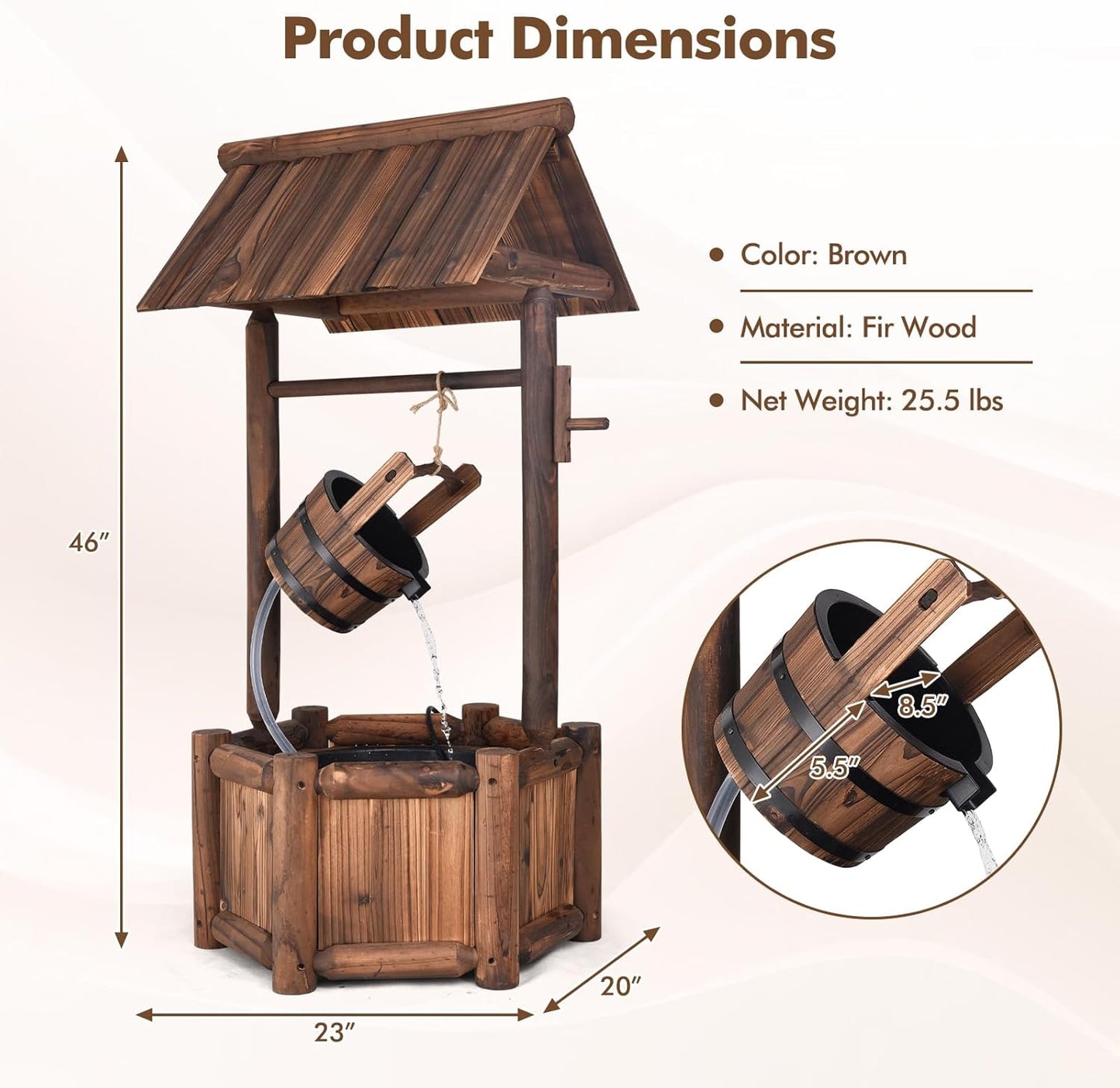 Tangkula Outdoor Wishing Well Water Fountain, Old-Fashioned Wood Waterfall Fountain w/Bucket Pump, Rustic Farmhouse Decoration for Garden, Backyard, 46 Inch Tall (20" x 23" x 46")-VerdiqueGarden