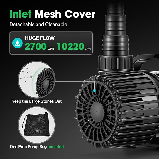 VIVOSUN 2700 GPH Submersible Water Pump with Barrier Bag, 120W Pond Pump, Ultra Quiet Aquarium Pump with 15FT. Lift Height for Pond, Waterfall, Fish Tank, Statuary, Hydroponic-VerdiqueGarden