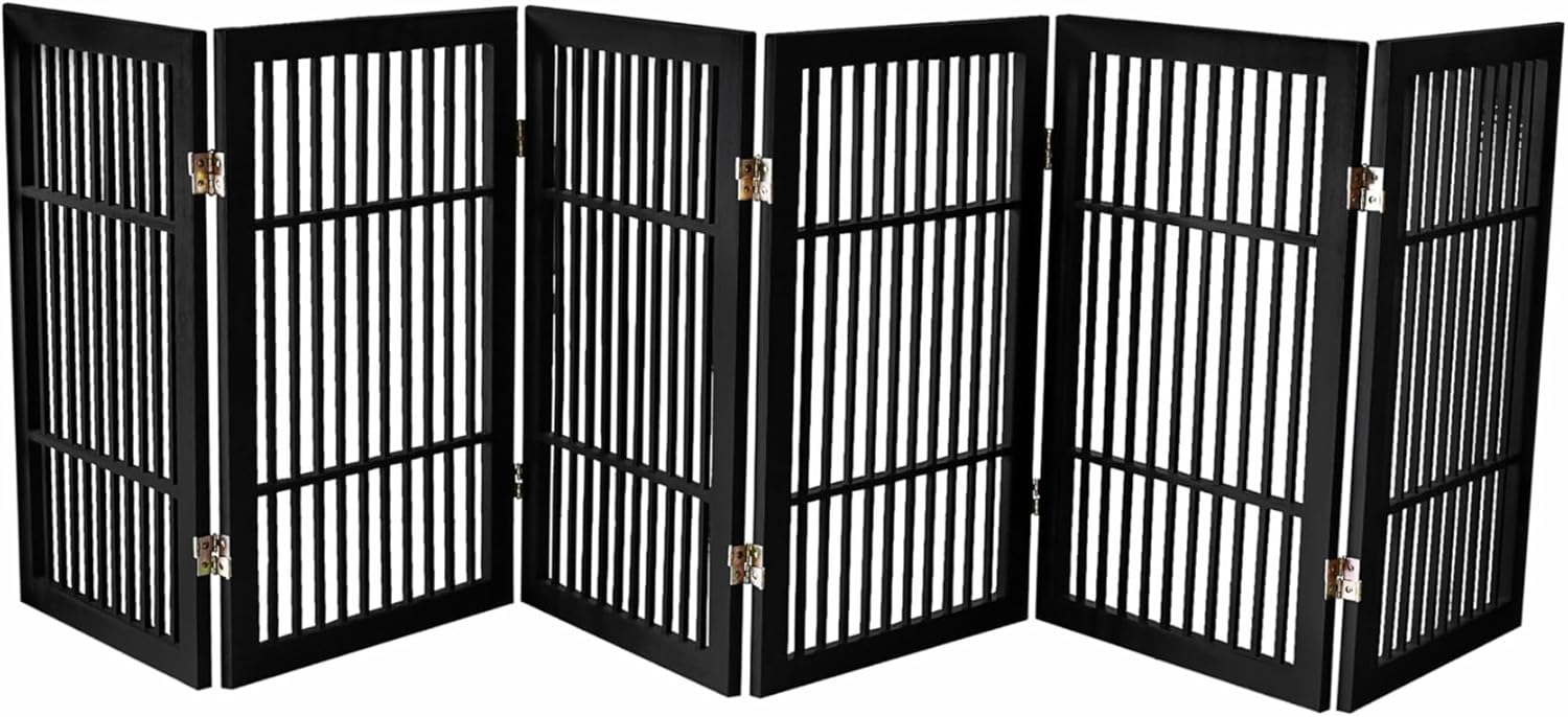 Pet Dog Gate Strong and Durable Freestanding Folding Acacia Hardwood Portable Wooden Fence Indoors or Outdoors by Urnporium (Black Pet Gate, 6 Panel 30" Tall)-VerdiqueGarden