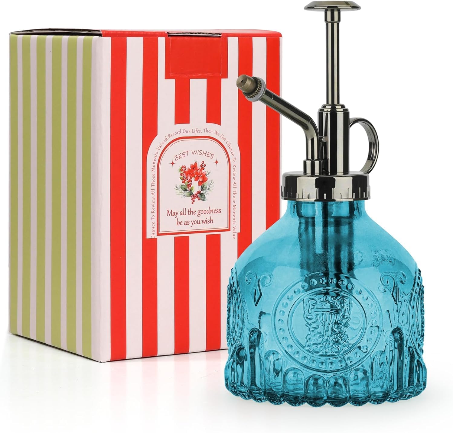 T4U Glass Plant Mister 200ML, Vintage Spray Bottle with Top Pump, Fine Mist Garden Flower Sprayer Small Decorative Spritzer Watering Can Gift for Indoor Outdoor Succulent House Plant (Aqua Blue)-VerdiqueGarden