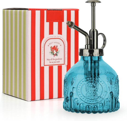 T4U Glass Plant Mister 200ML, Vintage Spray Bottle with Top Pump, Fine Mist Garden Flower Sprayer Small Decorative Spritzer Watering Can Gift for Indoor Outdoor Succulent House Plant (Aqua Blue)-VerdiqueGarden