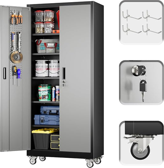 71" H×32" W×16" D Garage Storage Cabinet with Wheels & Pegboard, Locking Metal Storage Cabinet with Doors and 5 Adjustable Shelves & & 4 Hooks for Garage Warehouse Home Office, Black and Gray-VerdiqueGarden