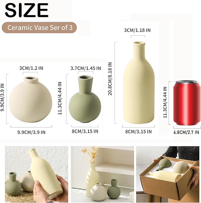 Vase Set of 3, Ceramic Vases Home Decor Flower Decorative Table Decor Vase Pottery Neutral Vases for Tray Table Mantel Living Room Kitchen Bedroom Bathroom Entryway -Light Color-VerdiqueGarden