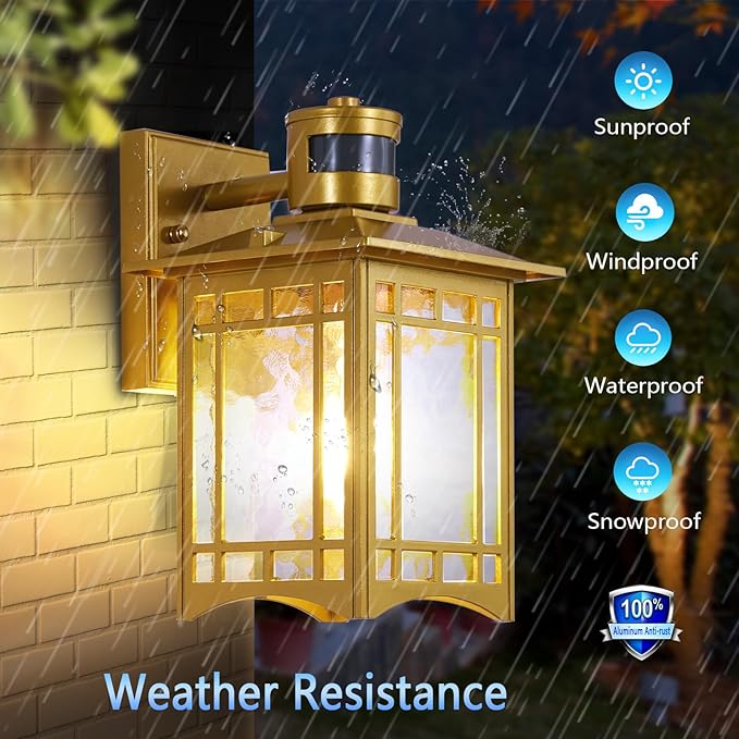Dusk to Dawn Motion Sensor Light, Outdoor Light Fixture, Golden Wall Sconce Lighting, Front Porch Light, Exterior Lights for House Patio, Outside Door Lights, Wall Mount Anti-Rust Lantern-VerdiqueGarden