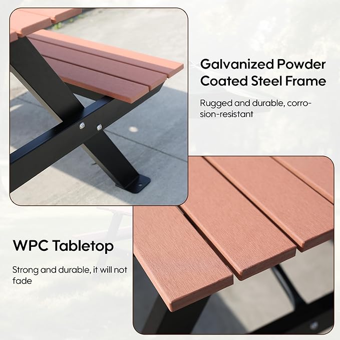 4FT Outdoor Picnic Table and Bench Set with 2" Umbrella Hole, WPC Tabletop Seattop Patio Dining Set for 4 People, Outdoor Dining Table and Chair for Park Garden Yard Patio- Brown-VerdiqueGarden