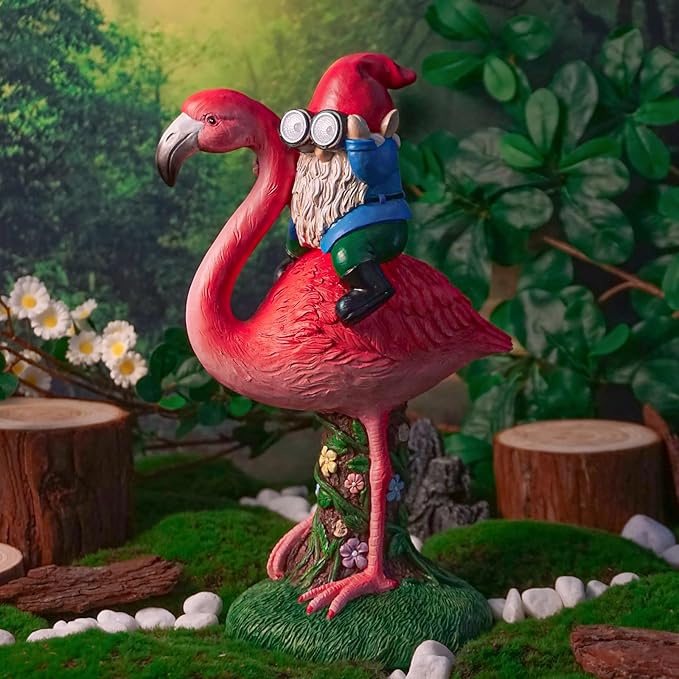 Solar Flamingo Gnome Garden Decor Statue, Outdoor Funny Solar Light Decoration for Yard, Patio, Lawn, Unique Housewarming, Birthday Gift for Women, Mom, Grandma-VerdiqueGarden