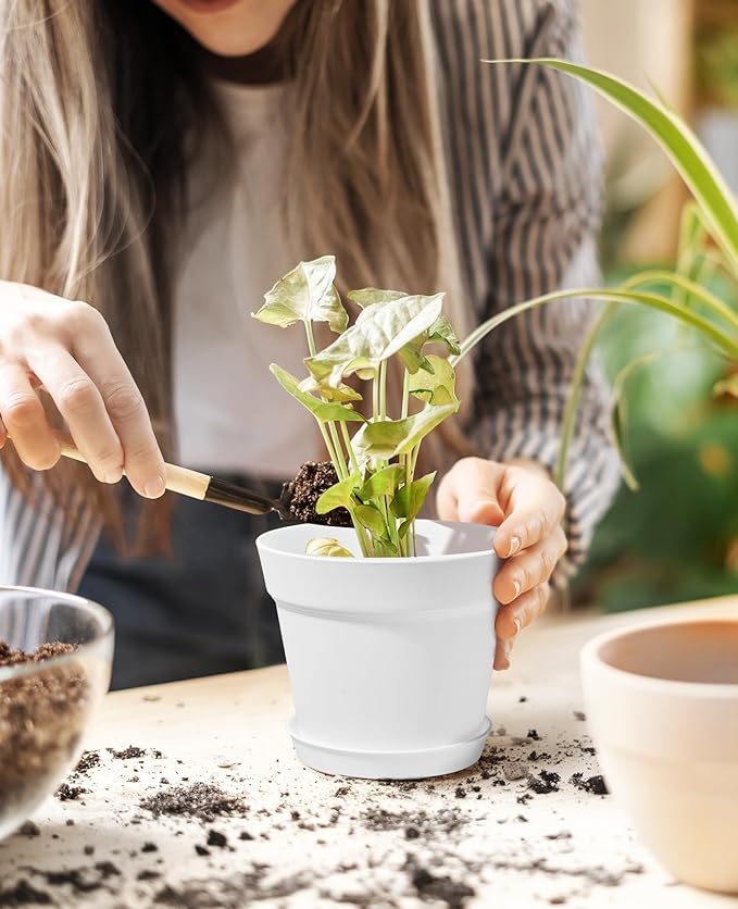 Homenote Pots for Plants, 15 Pack 6 Inch Plastic Planters with Multiple Drainage Holes and Trays,Plant Pots for All Home Garden Flowers Succulents (White)-VerdiqueGarden