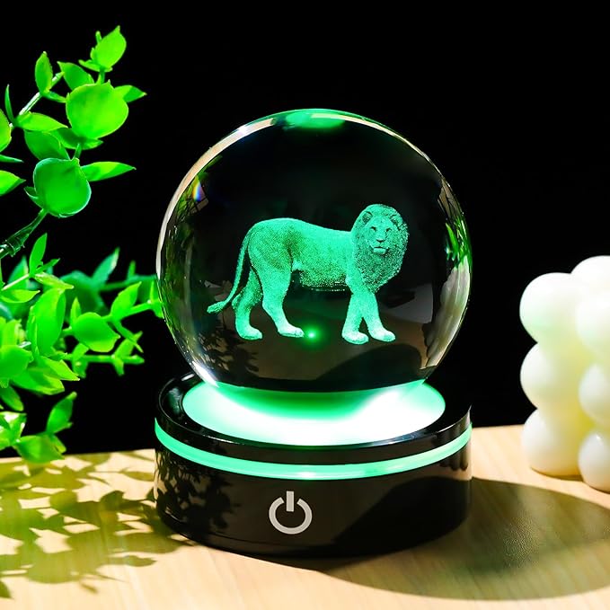 YWHL 3D Crystal Ball Lion Figurine with LED Base, Lion Gifts for Men Women Lions Lovers on Christmas Birthday, Lions Ornament Glass Sphere Decorative Ball for Home Decor (80mm)-VerdiqueGarden