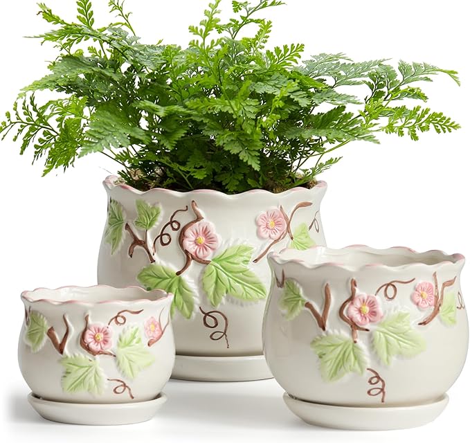 Ceramic Plant Pots with Drainage Holes and Saucers, Round Flower Pots for Indoor Plant, 3.9/5.2/6.7 Inches Small Flower Planters Set of 3-VerdiqueGarden