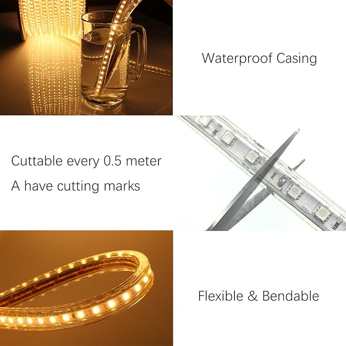 5050-60 Type AC 110-120V LED Strip Lights, Flexible/Waterproof/Dimmable/Multi-Modes LED Rope Light + 23 Keys Remote for Home/Garden/Building Decoration (164ft/50m, Warm White 3500K)-VerdiqueGarden