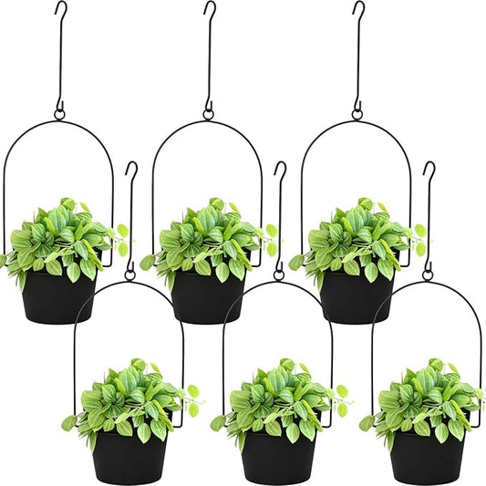 Hushee 6 Packs Metal Hanging Planters for Outdoor Indoor Plants Plant Hanger with 6.3'' Plastic Pots Hanging Planter Basket for Garden Home Porch Decor-VerdiqueGarden