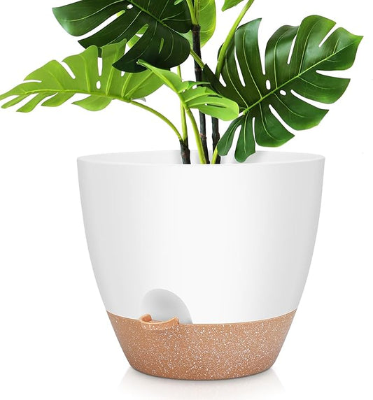 12 Inch Large Self Watering Plant Pot Set, Flower Pots with Multi-Mesh Drainage Holes and Saucer, Suitable for Indoor and Outdoor Garden Plants, White.-VerdiqueGarden