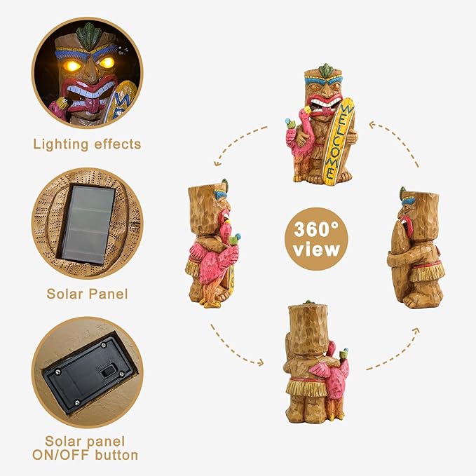 Welcome Tiki Statue with Surfboard Flamingo-Solar Outdoor Decor - Tiki Man with Automatic Switch On Flickering Eyes LED Light for Tiki Bar Decorations, Patio, Balcony, Yard,Lawn,Gifts-VerdiqueGarden