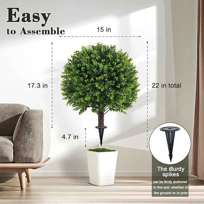 Artificial Boxwood Topiary Outdoor Plants with Spike, 2 Pack Faux Bushes UV Resistant Fake Shrubs for Front Porch Décor-VerdiqueGarden